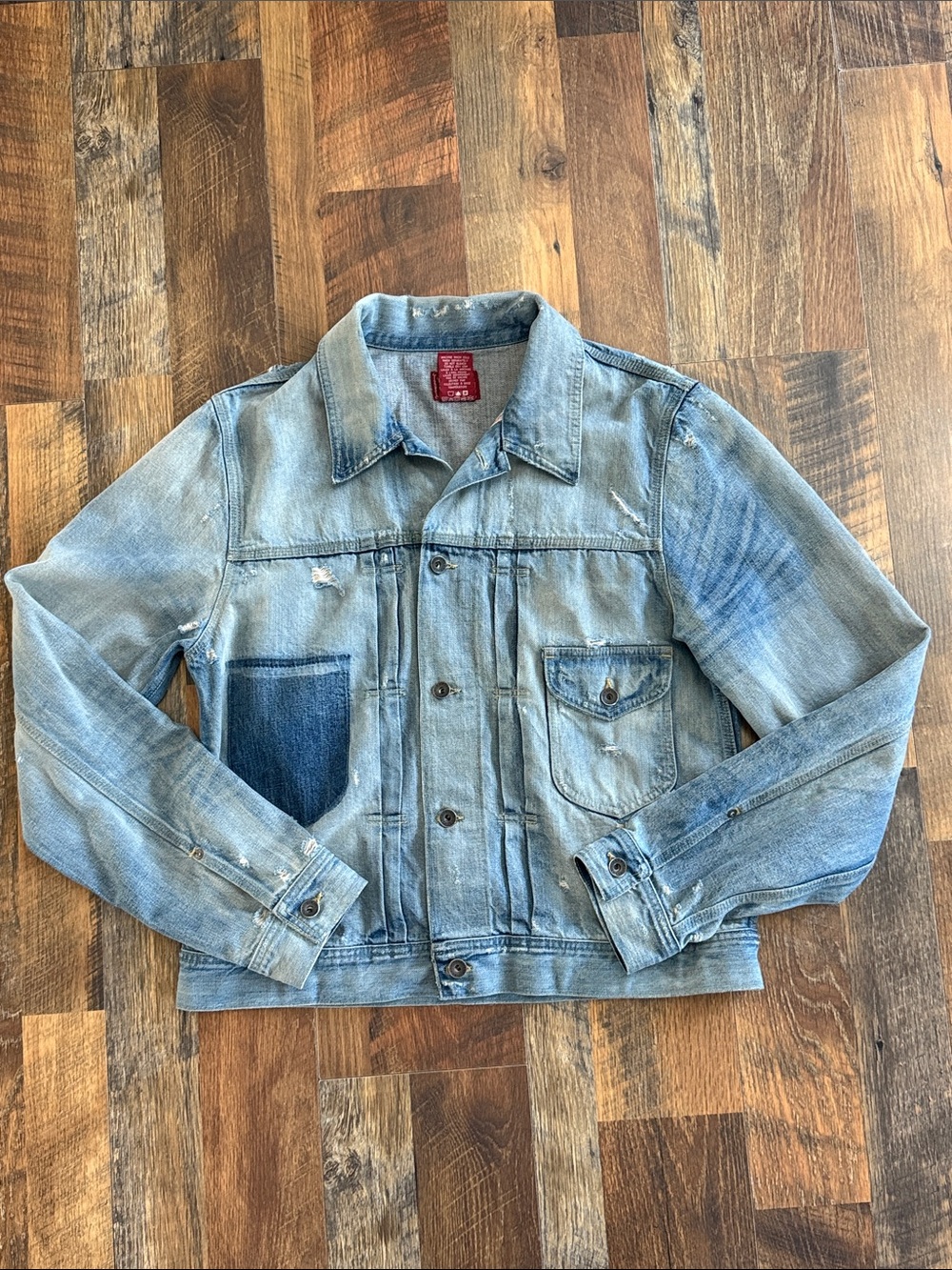 Lucky Brand Dungarees America Distressed Denim Trucker Jacket Made USA L